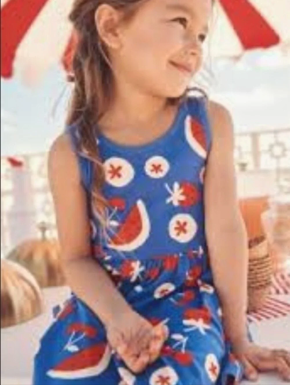 Hanna Andersson Size 3T Sleeveless Playground Dress Pockets Blue Red White Fruit